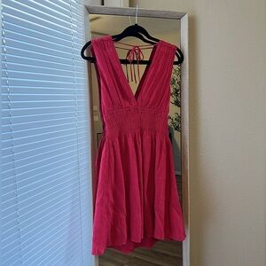 Abercrombie & Fitch Pink Smocked Plunge Crinkle Mini Dress